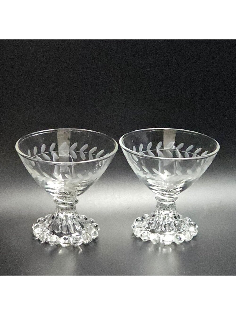 2 Anchor Hocking Laurel Champagne Glasses 3.5" etched garland 5oz cut glass